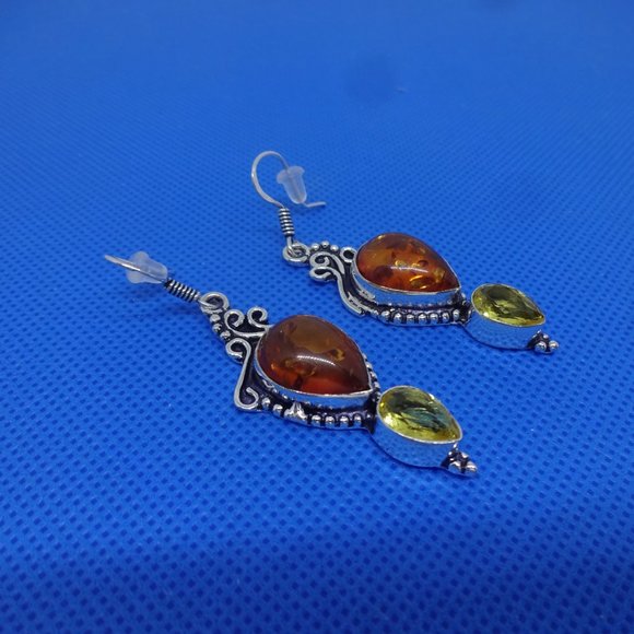 Stunning "AMBER & CITRINE" Dangle Sterling Handmade Earrings #16 - Picture 2 of 3